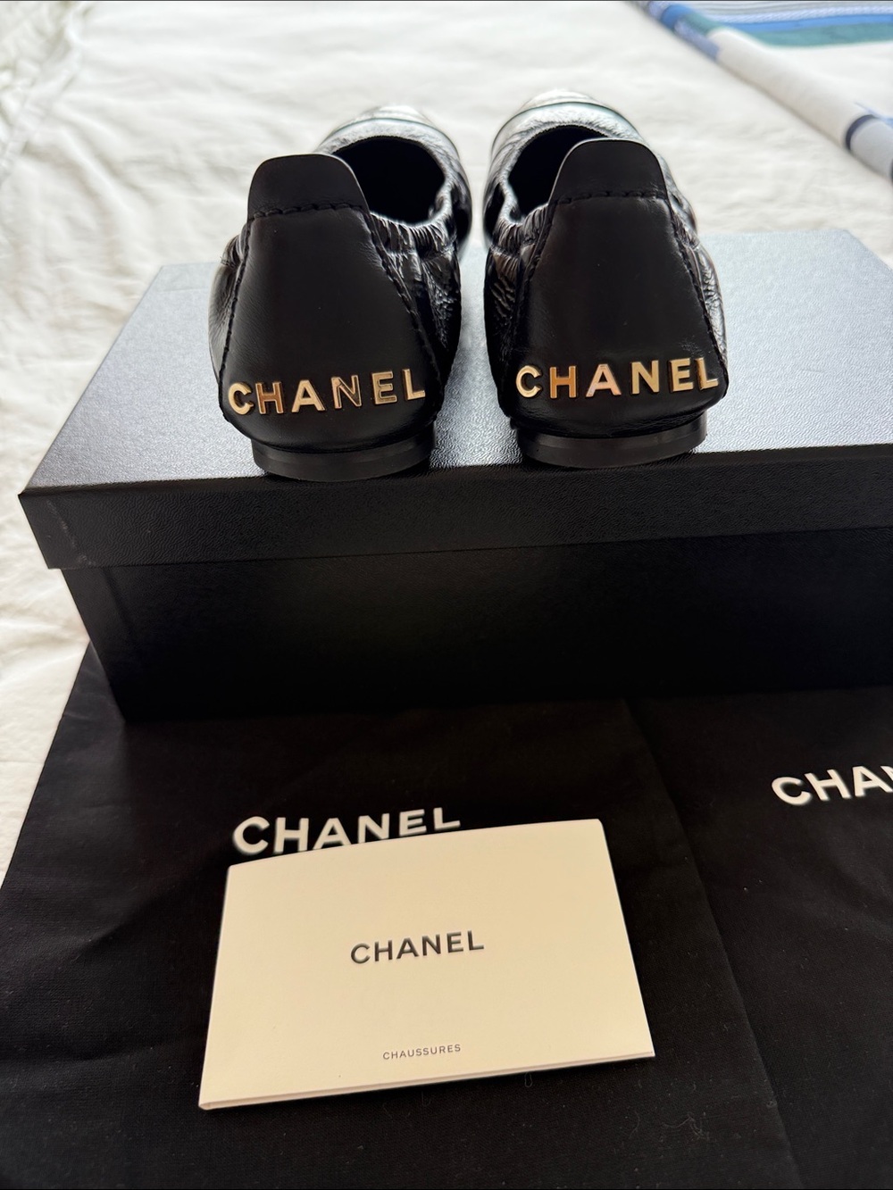 CHANEL Black Leather Slip-On Loafers with Gold Heel Logo - Picture 8 of 9